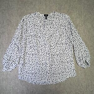 JONES NEW YORK Women XL White Navy Blue Polka Dot Button Up Shirt Sleeve Ties
